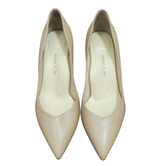 Sarah Flint Beige Leather Block Heel Pumps 39.5 Tortoise Heel Pointed Toe Italy - Picture 2 of 16